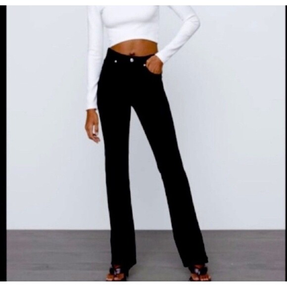 Zara Split Hem Slim Jeans Black High-Rise Full Length Straight Leg Size 12 - Picture 2 of 15
